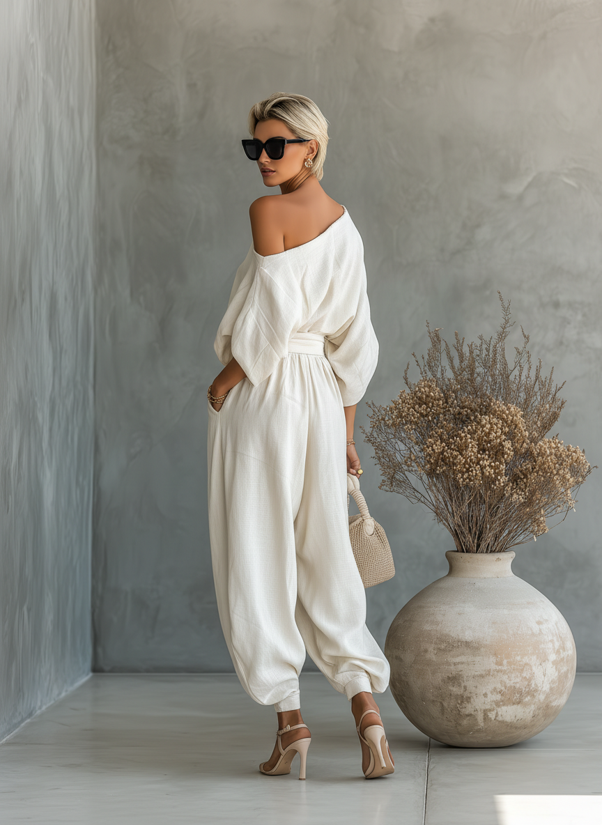 Esmeralda | Conjunto de Top Lino Off-Shoulder y Pantalón